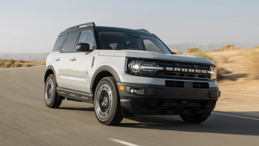 A photo of the 2022 Ford Bronco Sport in their gray/white/blue color.