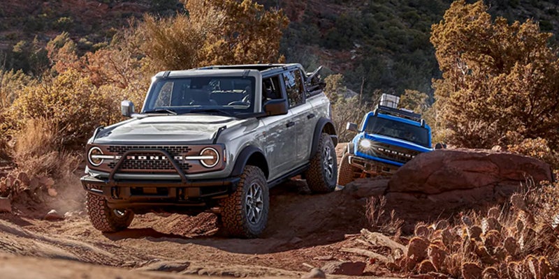 Two 2023 Ford Bronco SUVs, one white, one blue, driving through dirt.