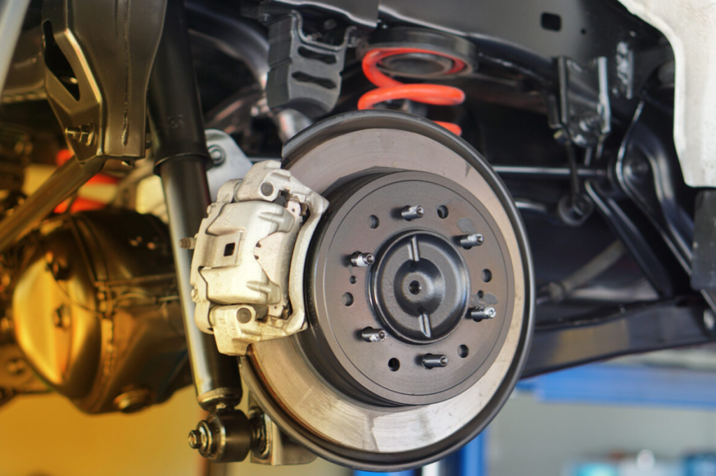 Exposed vehicle brakes.