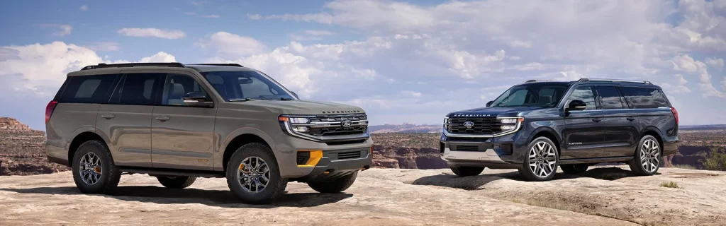 Two Ford Expedition SUVs parked on rocky desert overlook under a cloudy sky.
