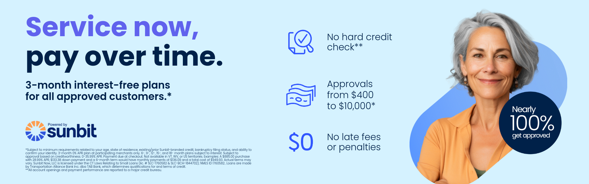 Woman smiling on blue background. Service Now, pay over time